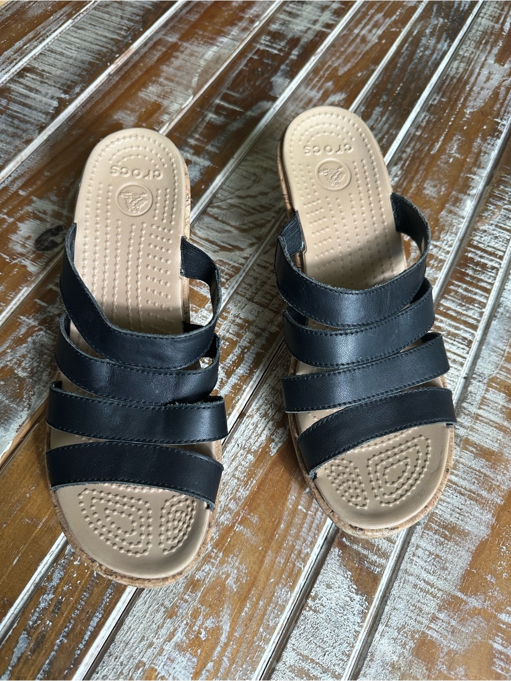 CROCS Women's Black Multi-Strap Slide Sandals with Tan Footbed